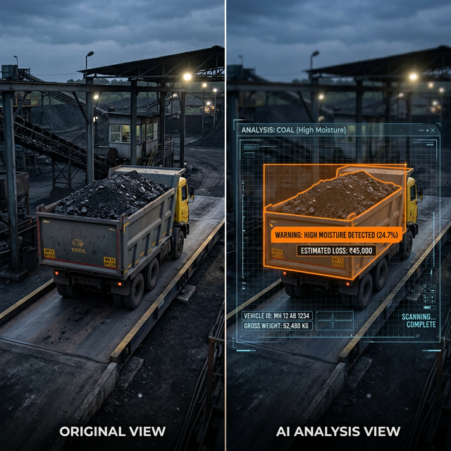 CoalScan Split-Screen Comparison: Regular AI vs Moisture Detection overlaid showing Estimated Loss